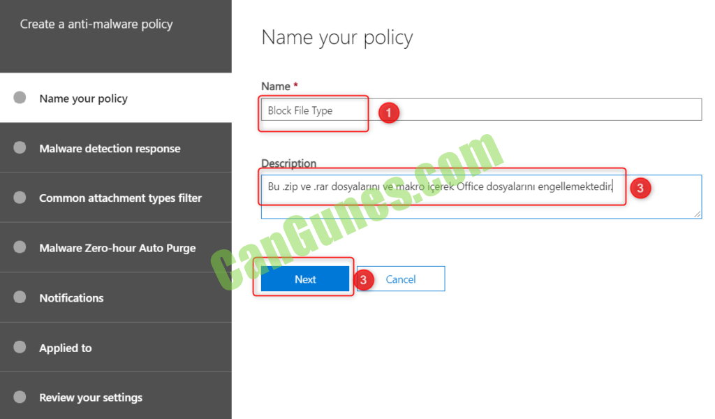 Malware Filter Name your Policy