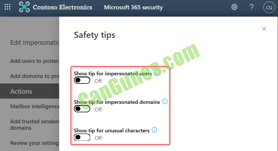Office 365 Anti-Phisging Policy safety tips