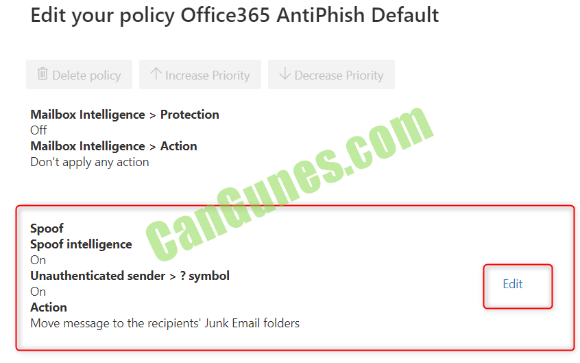 Office 365 Anti-Phisging Policy unauthenticated sender