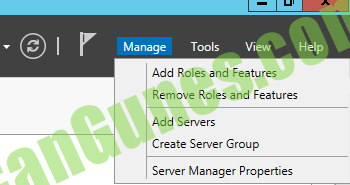 Makine tarafından oluşturulan alternatif metin:
Manage Tools View
Add Roles and Features
Remove Roles and Features
Add Servers
Create Server Group
Server Manager Properties
Help 